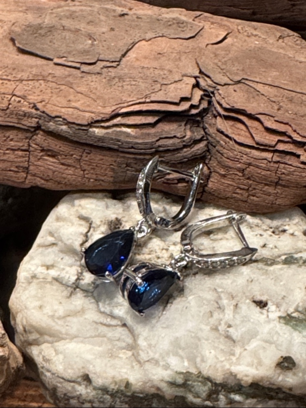 Silver Drop Earrings with Deep Blue Teardrop Crystal and Clear Crystal Accents